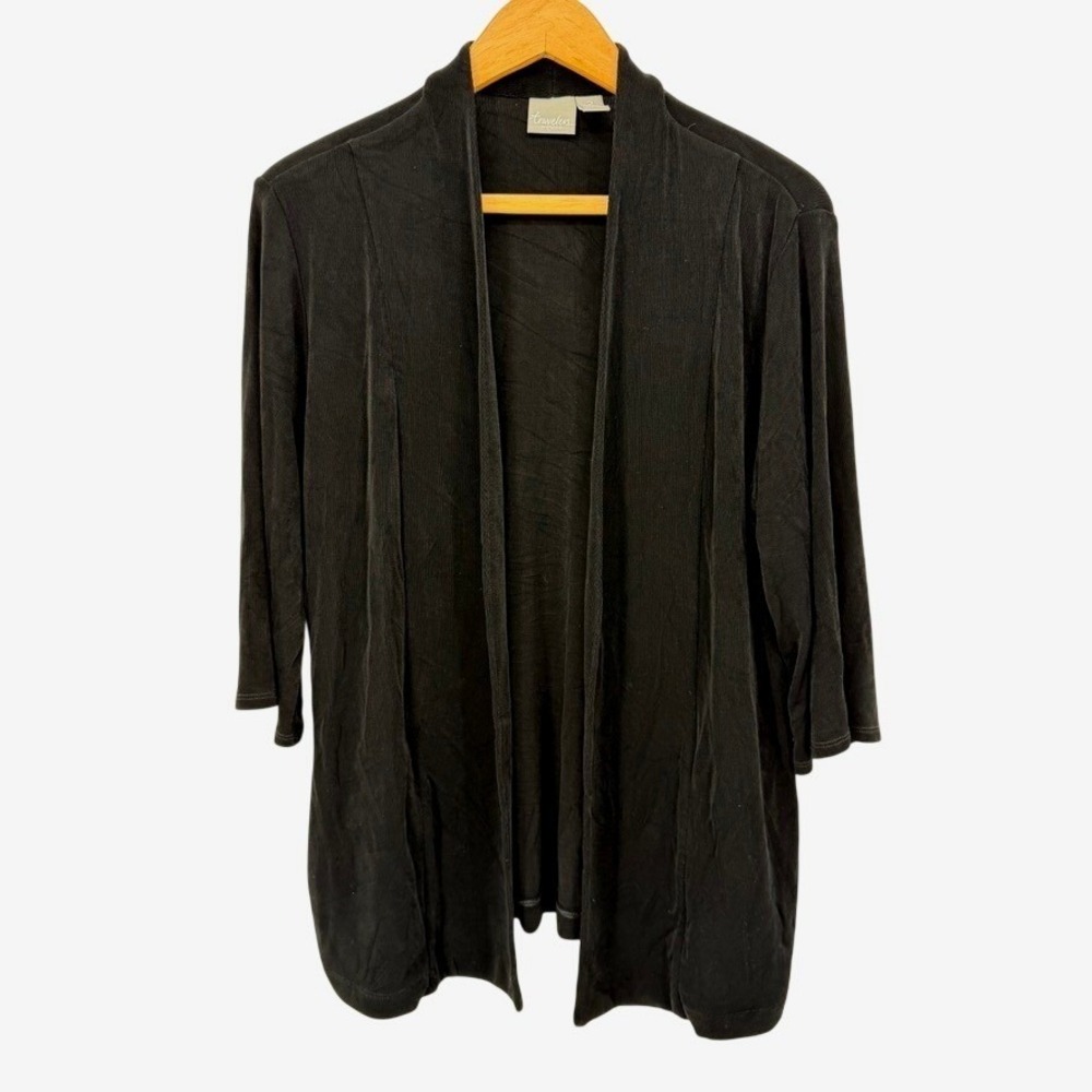 Chicos Travelers Open Front Black Cardigan Neutral Minimalist Casual Sz 2/MD
